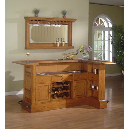 Raised Panel Bar with Antique Brass Footrail and Mirror with Stemware Storage